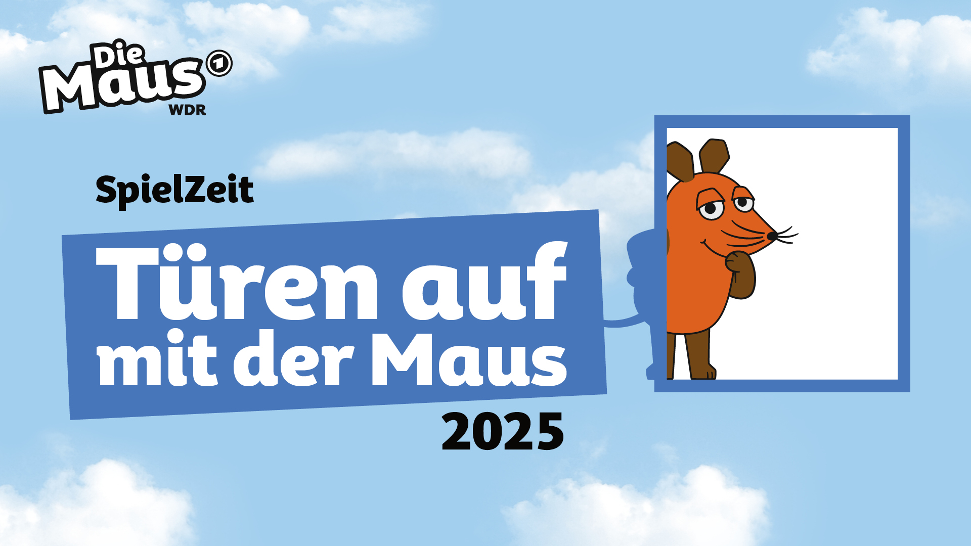 Die Maus schaut aus einem Quadrat, das einer Tür ähnelt. Daneben befindet sich ein Schriftzug 