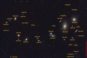 Überblick der Begleiter der Markarjanschen Kette - markarian's chain - (Virgo-Galaxienhaufen) Sternbild Haar der Berenike • Entfernung ca. 20 Mio. - 98 Mio. Lichtjahre | Teleskop CDK17inch | Aufnahme: B.M. / teilweise R.S. • Doerffel Sternwarte©