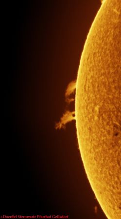 Sonne 31.05.2025 - Protuberanz Ost Seite • Aufnahme B.M. | Teleskop: ST 130/910 LS130MT Ha B3400 • Doerffel Sternwarte© Sonne 31.05.2025 - Protuberanz Ost Seite • Aufnahme B.M. | Teleskop: ST 130/910 LS130MT Ha B3400 • Doerffel Sternwarte©